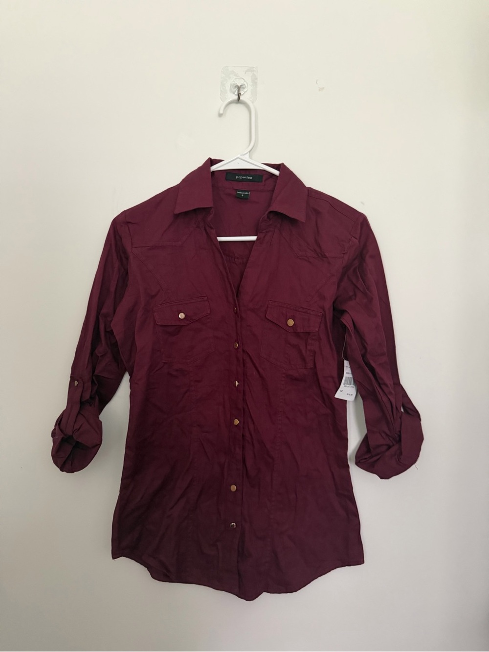 Papertee Burgundy/Maroon Utility Button Down Shirt Collar Convertible Sleeves